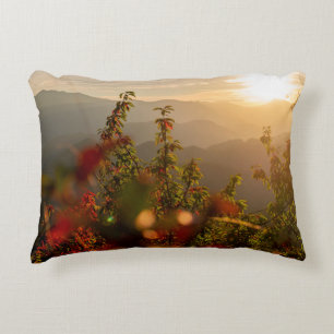 Nature photography of green trees overlooking moun decorative cushion