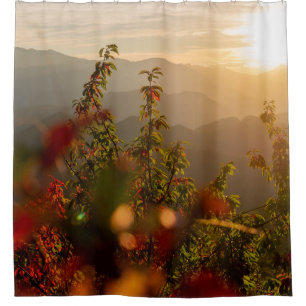 Nature photography of green trees overlooking moun shower curtain