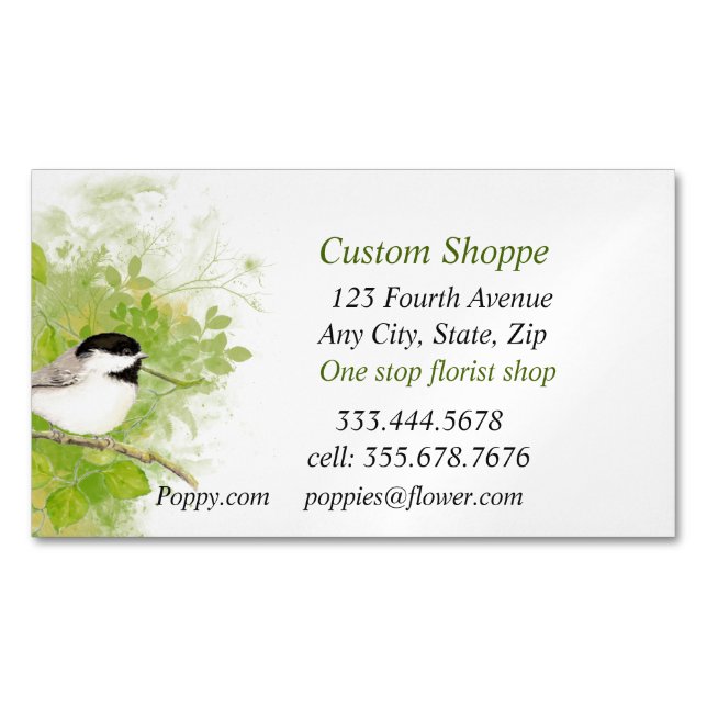 Nature Plant Garden Chickadee Bird Magnetic Business Card (Front)