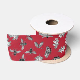  Nature print  red and silver Satin Ribbon