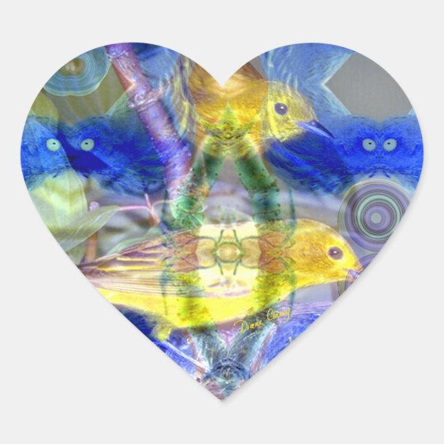 Nature Reflections I - Gold & Blue Birds Heart Sticker (Front)