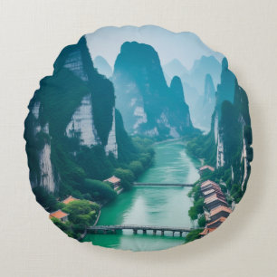 Nature’s Retreat: Karst Mountain River Landscape Round Cushion