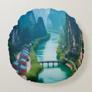 Nature’s Retreat: Karst Mountain River Landscape Round Cushion