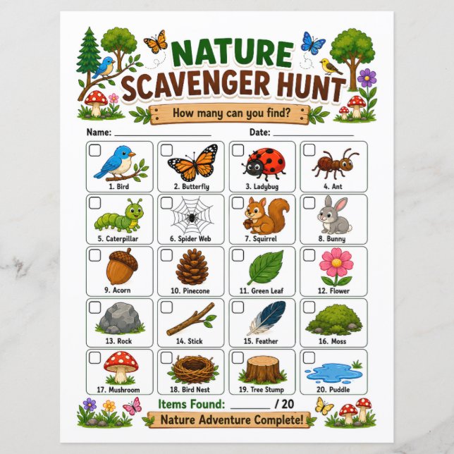 Nature Scavenger Hunt Activity for Kids (Front)