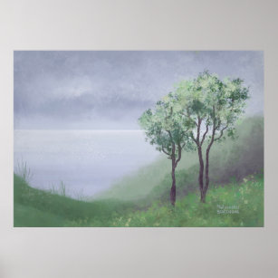 Nature scene cloudy day sea two trees original art poster