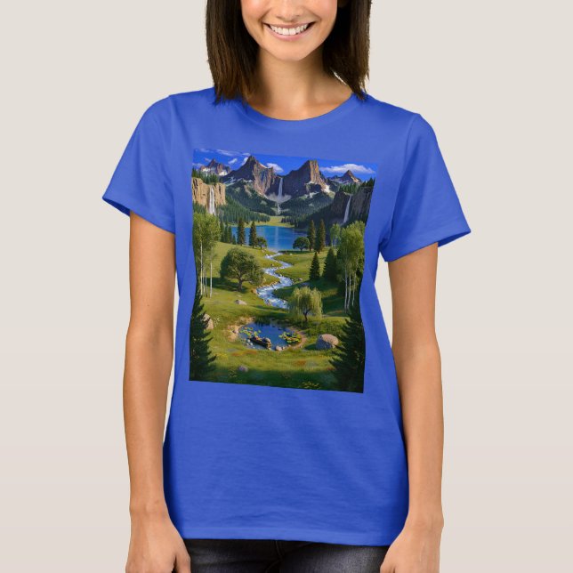 Nature Scene Mountains Waterfalls Lake Stream Pond T-Shirt (Front)