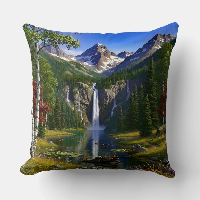 Nature Scenery Mountains Waterfalls Lake Pond Cushion (Front)