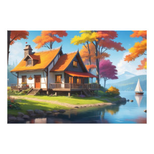 Nature Scenery with A Cottage Besides Lake-5656 Photo Print