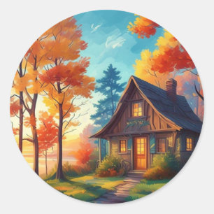 Nature Scenery with a Cottage in The Forest Classic Round Sticker