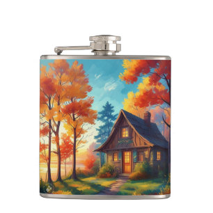 Nature Scenery with a Cottage in The Forest Hip Flask