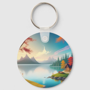 Nature Scenery with A Lake and Cottage-456786  Key Ring