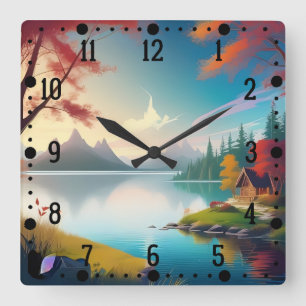 Nature Scenery with A Lake and Cottage  Square Wall Clock