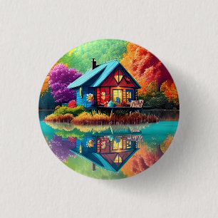 Nature Scenery with Cottage and Lake-38566 3 Cm Round Badge