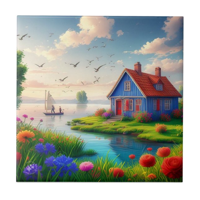 Nature Scenery with Cottage and Lake,-434567 Tile (Front)