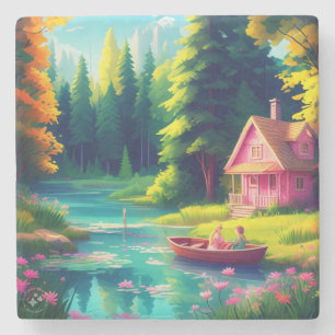 Nature Scenery with Pink Cottage-68486 Stone Coaster