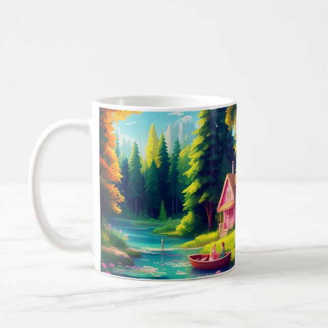 Nature Scenery With Pink Cottage  Coffee Mug (Left)