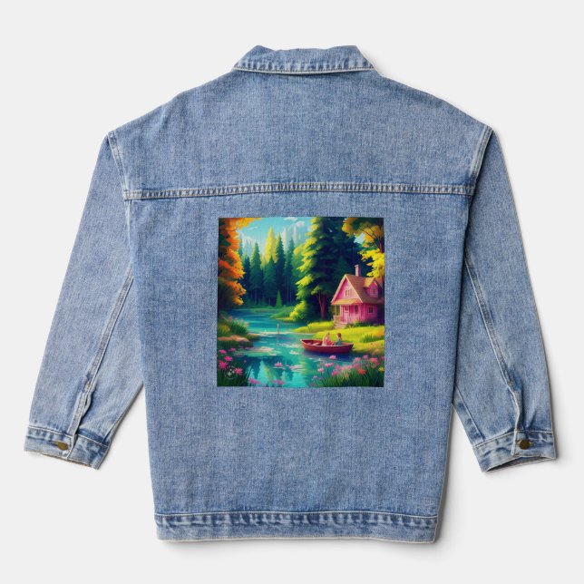 Nature Scenery with Pink Cottage Denim Jacket (Back)