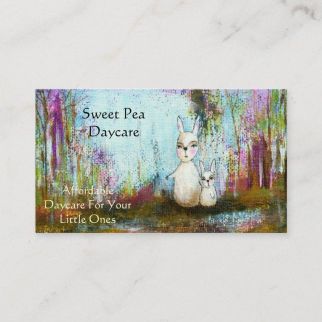 Nature School,Mama and Baby White Rabbits Folk Art Business Card (Front)