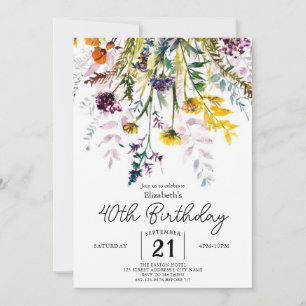Nature Script Wildflowers 40th birthday  Invitation