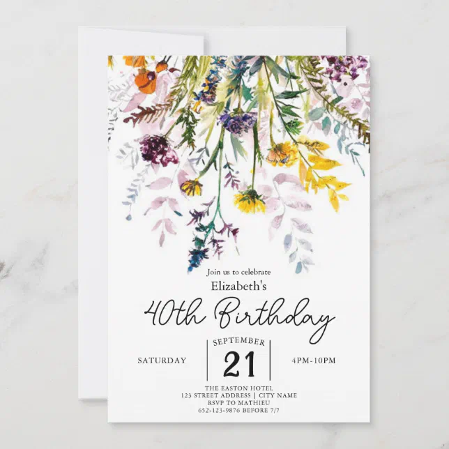 Nature Script Wildflowers 40th birthday Invitation | Zazzle
