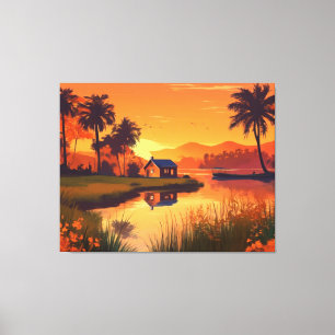 Nature Sunset Painting with Lake, Cottage Canvas Print