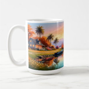 Nature Sunset Painting with Lake, Cottage  Coffee Mug
