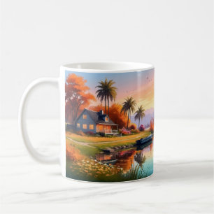 Nature Sunset Painting with Lake, Cottage  Coffee Mug