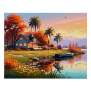Nature Sunset Painting with Lake, Cottage Poster