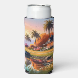 Nature Sunset Painting with Lake, Cottage Seltzer Can Cooler