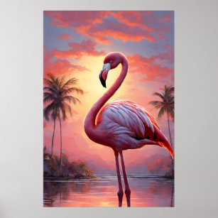 Nature Sunset Pink Flamingo Vintage Poster