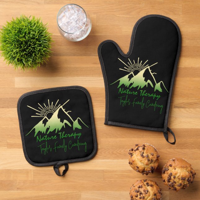 Nature therapy Family camping personalised Oven Mitt & Pot Holder Set (Top Down)