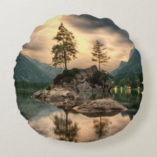 Nature Travels - Water Mountains Landscape Round Cushion