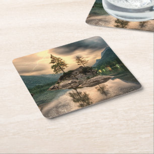 Nature Travels - Water Mountains Landscape Square Paper Coaster