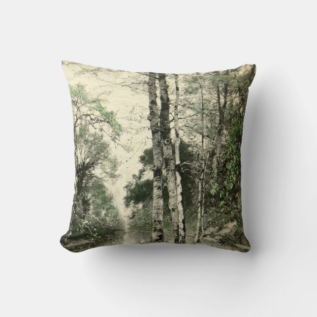 Nature Tree Branch Vintage Green Cream Leaves Cushion (Front)