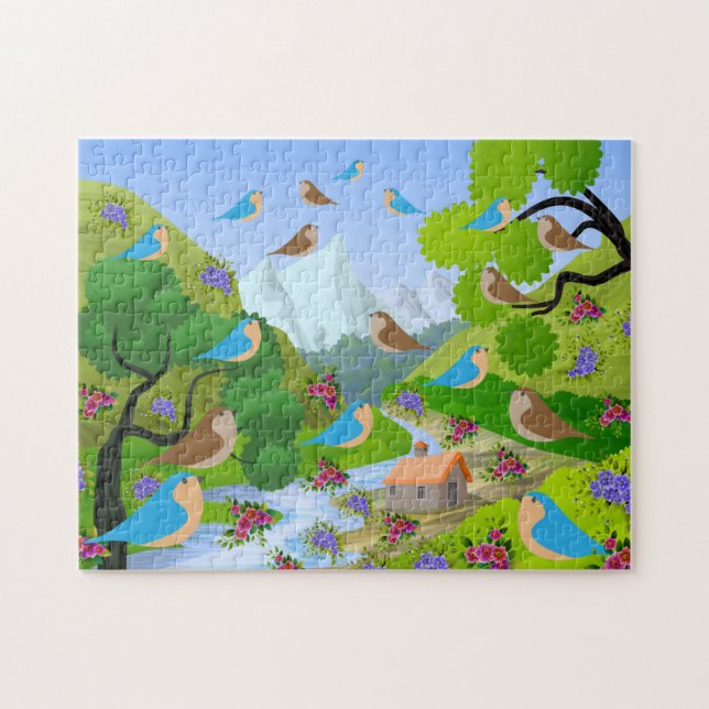 Nature Trees Birds Flowers River House, Age 8 Jigsaw Puzzle (Horizontal)
