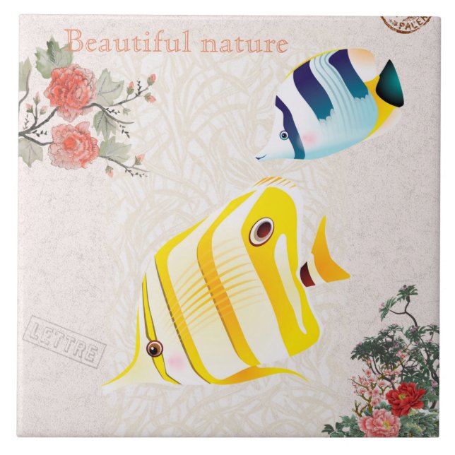 Nature Vintage Modern  Fish Flowers Leaves Tile (Front)