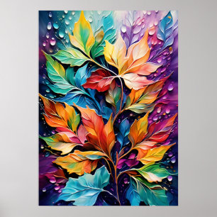 Nature Wall Art, Vibrant Colour Leaves Dewdrops  Poster