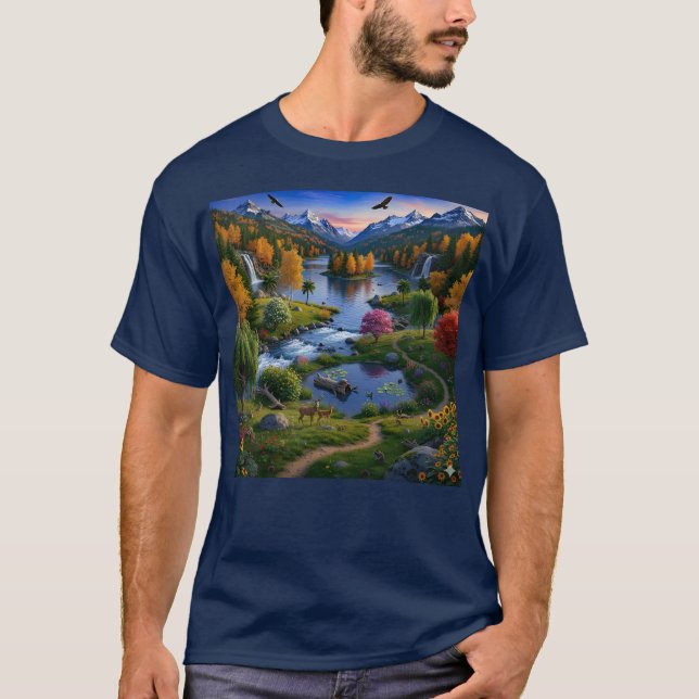 Nature Wilderness Scenery Mountains Waterfalls T-Shirt (Front)
