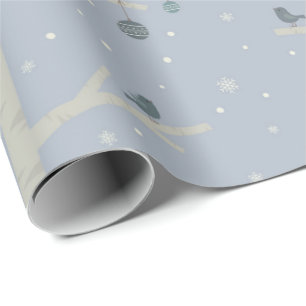 Nature winter forest, christmas birds on tree wrapping paper