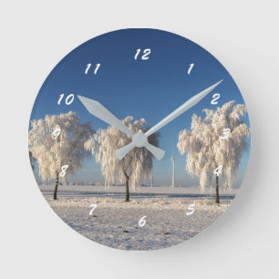 Nature Winter Snow Covered Trees Round Clock