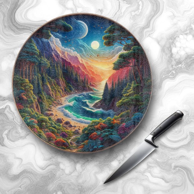 Nature Woodcut of Landscape / Seascape / Skyscape Cutting Board (Nature Woodcut of Nighttime Coastal Seascape Skyscape Cutting Board (Cover Photo))