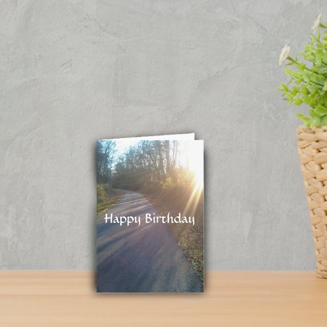 Nature Woods Path Sun Rays Grass Birthday Card (Real photo of path thru woods with sun rays shining down on Happy Birthday greeting card.)