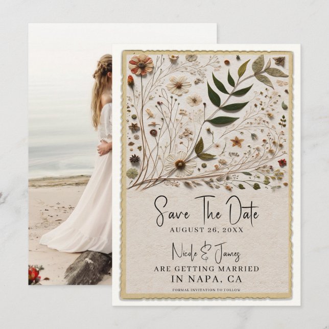 Nature's Beauty Botanical Flowers & Leaves Wedding Invitation (Front/Back)