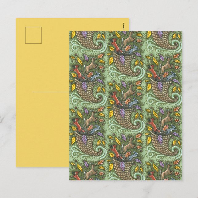 NATURE'S BOUNTY WILDLIFE CORNUCOPIA, FOLK ART HOLIDAY POSTCARD (Front/Back)