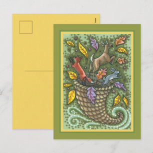 NATURE'S BOUNTY WILDLIFE CORNUCOPIA, FOLK ART HOLIDAY POSTCARD