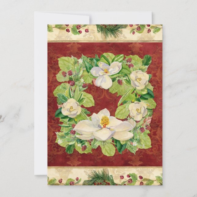 Nature's Christmas Magnolia Wreath n Pine Boughs Holiday Card (Front)