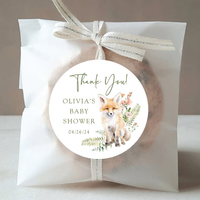 Nature's Delight Fox Baby Shower Classic Round Sticker (Creator Uploaded)