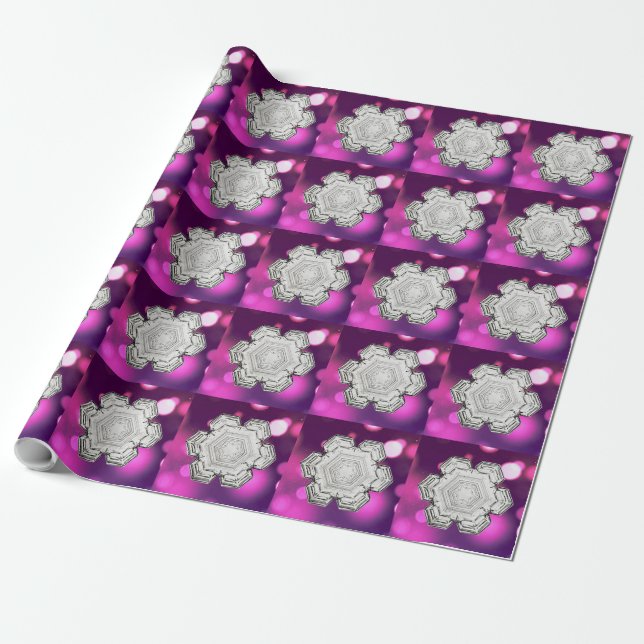 Nature's Geometry Snowflake Crystal Magenta Glow Wrapping Paper (Unrolled)