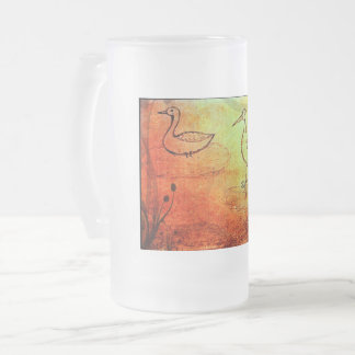 Nature's Haze: Rain-Softened Duck & Crane Frosted Glass Beer Mug