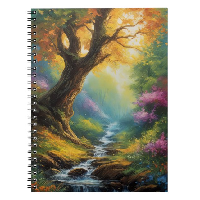 Nature's Symphony, Stream and Vibrant Forest Notebook (Front)